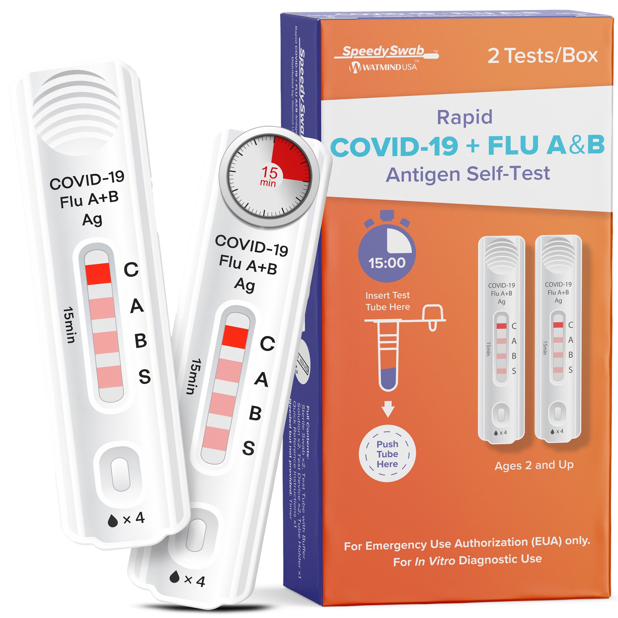 SpeedySwab™ at-home covid-19 and flu a/b test kit, results in 15 minutes, 2 tests
